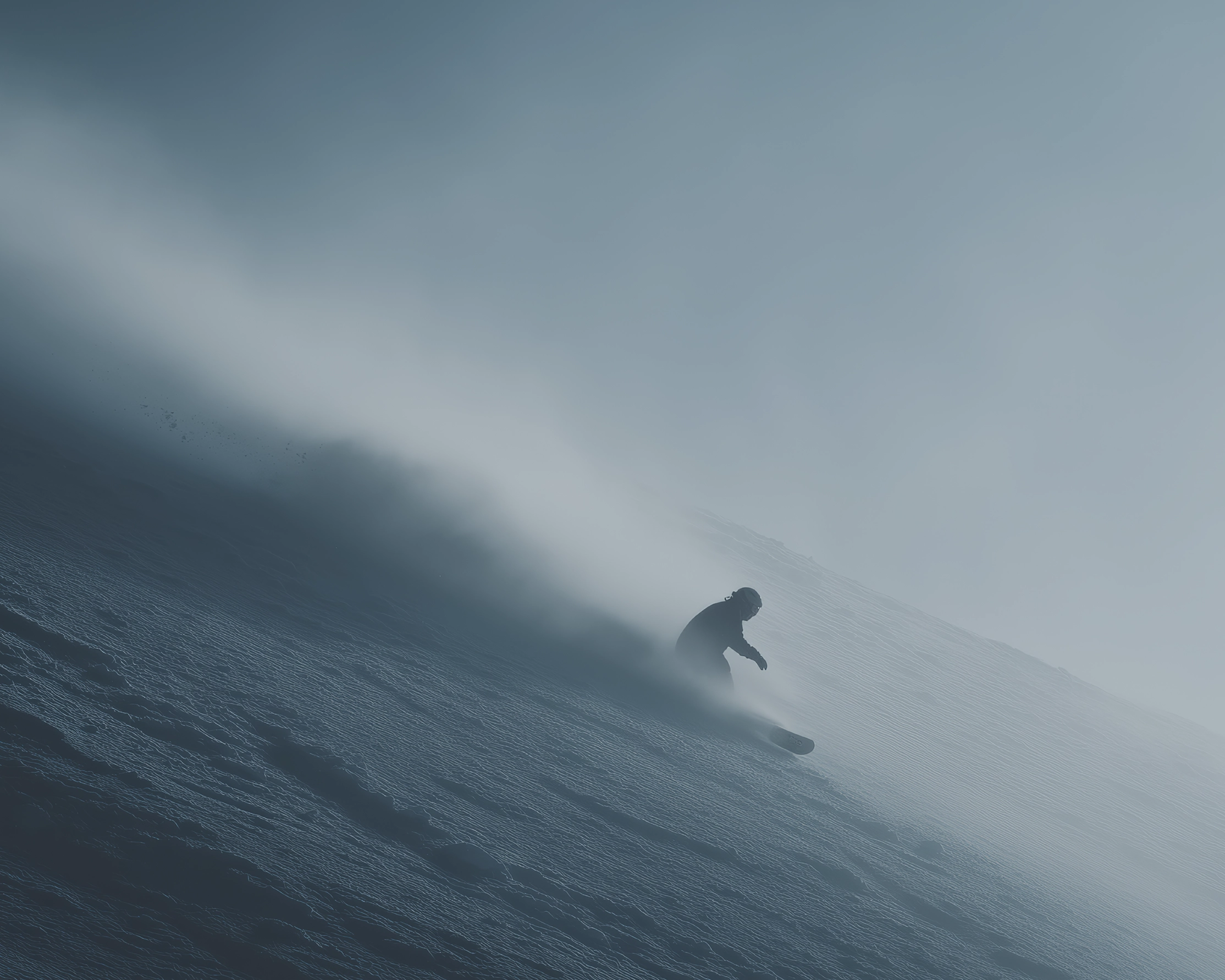 Tableau snowboard en mouvement — rider lancé dans la poudreuse, vitesse et atmosphère brumeuse, art mural premium