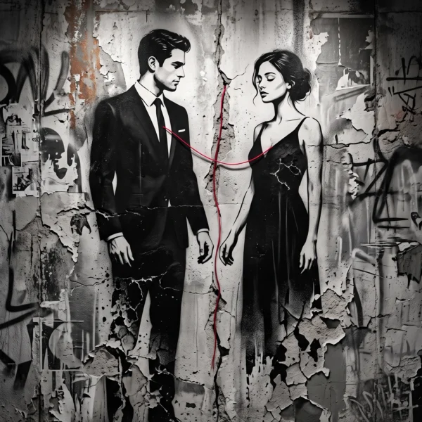 Tableau street art amour représentant un homme et une femme reliés par un fil rouge traversant un mur fissuré, œuvre contemporaine inspirée de la légende du fil rouge du destin.