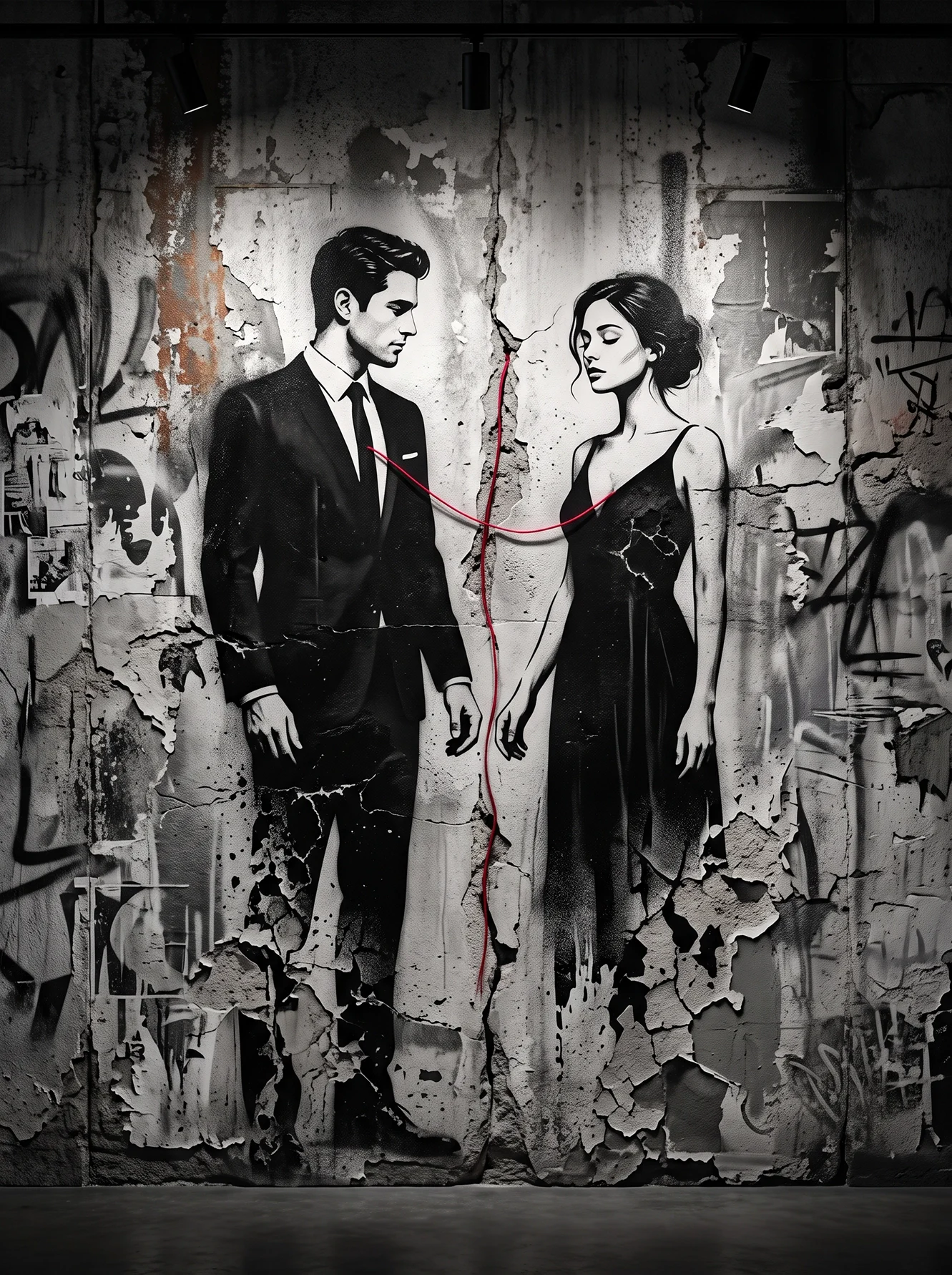 Tableau street art amour représentant un homme et une femme reliés par un fil rouge traversant un mur fissuré, œuvre contemporaine inspirée de la légende du fil rouge du destin.