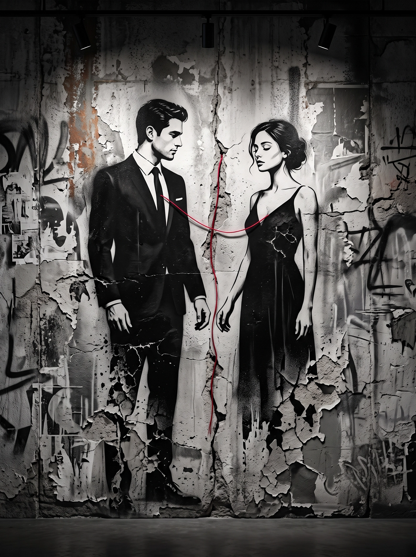 Tableau street art amour représentant un homme et une femme reliés par un fil rouge traversant un mur fissuré, œuvre contemporaine inspirée de la légende du fil rouge du destin.