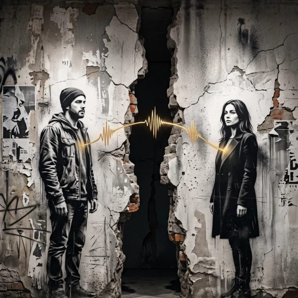 Tableau street art amour représentant un homme et une femme séparés par un mur fissuré mais reliés par une onde lumineuse évoquant les battements du cœur.