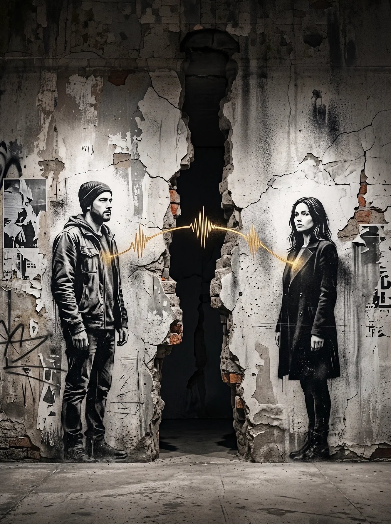 Tableau street art amour représentant un homme et une femme séparés par un mur fissuré mais reliés par une onde lumineuse évoquant les battements du cœur.