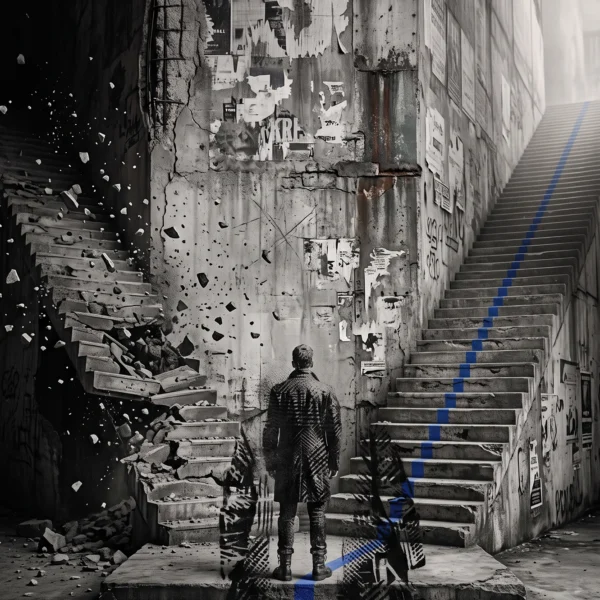 Tableau street art choix représentant un homme face à deux escaliers, l'un détruit dans l'obscurité et l'autre montant vers la lumière, œuvre contemporaine inspirée du pochoir urbain.