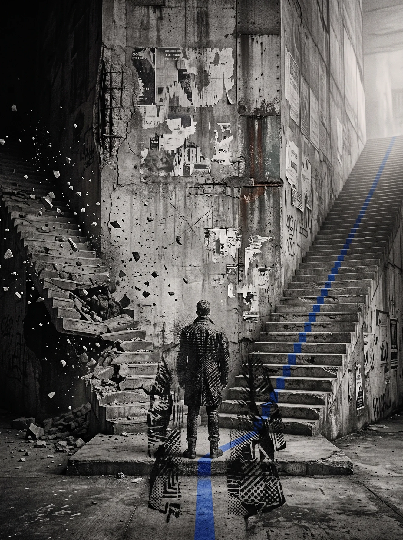 Tableau street art choix représentant un homme face à deux escaliers, l'un détruit dans l'obscurité et l'autre montant vers la lumière, œuvre contemporaine inspirée du pochoir urbain.