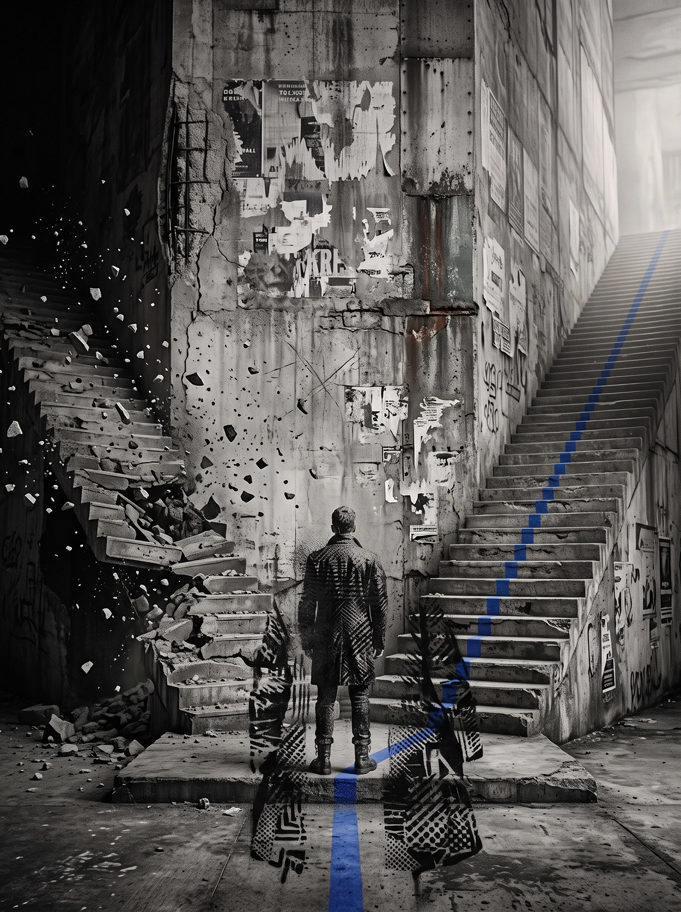 Tableau street art choix représentant un homme face à deux escaliers, l'un détruit dans l'obscurité et l'autre montant vers la lumière, œuvre contemporaine inspirée du pochoir urbain.