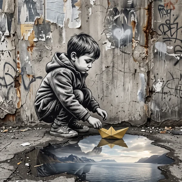 Tableau street art enfant représentant un jeune garçon déposant un bateau en papier doré dans une flaque reflétant un paysage marin, œuvre contemporaine inspirée du pochoir urbain.