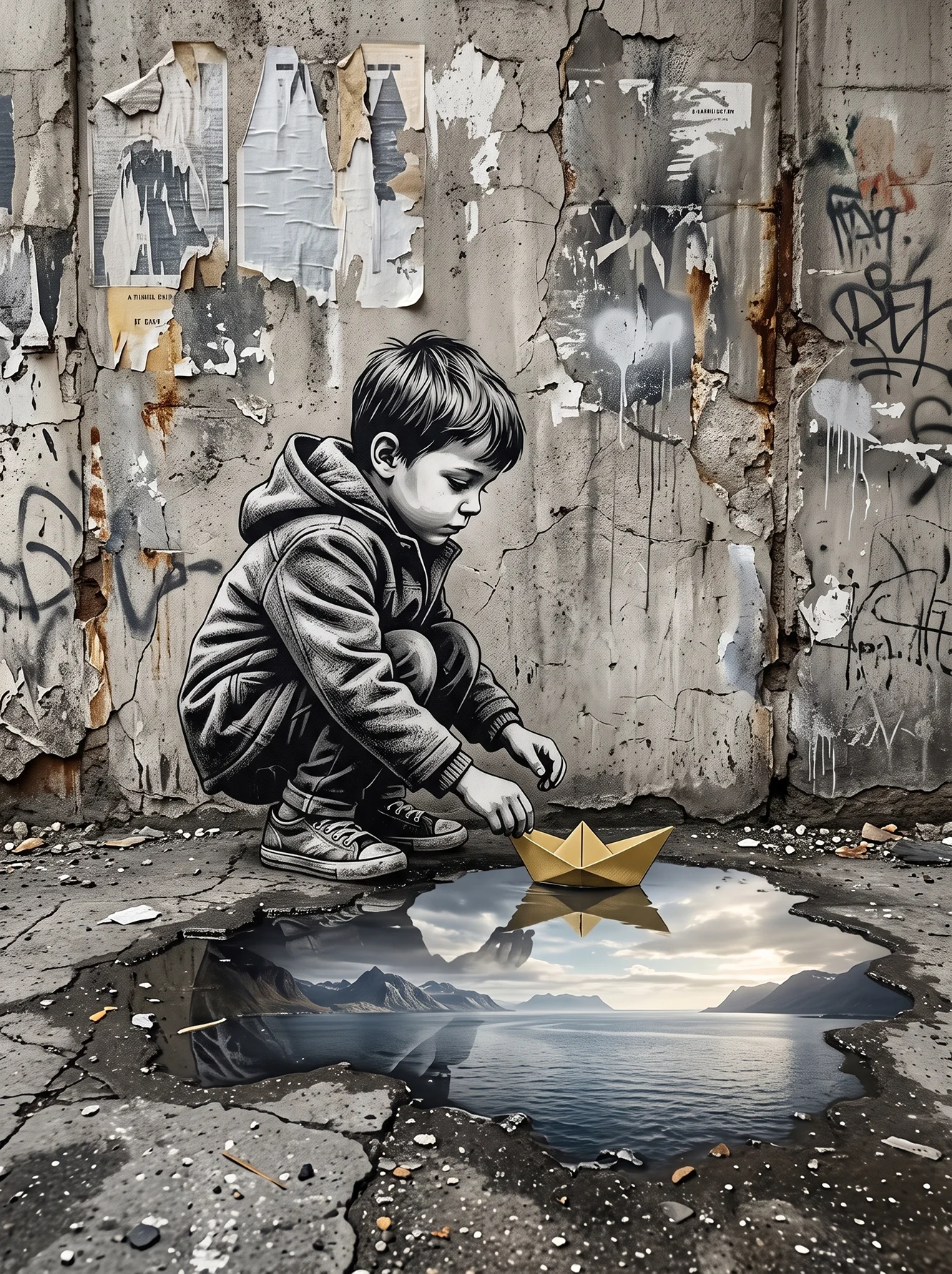 Tableau street art enfant représentant un jeune garçon déposant un bateau en papier doré dans une flaque reflétant un paysage marin, œuvre contemporaine inspirée du pochoir urbain.