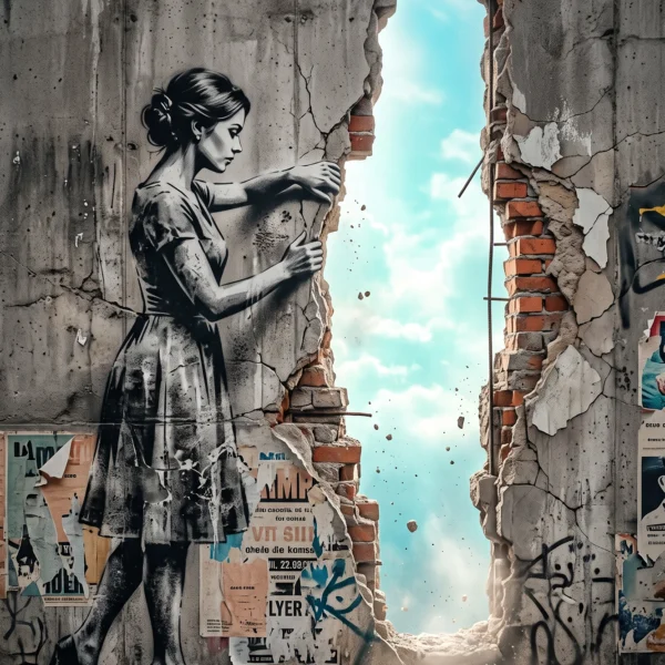Tableau Ouvrir l'Horizon — composition au pochoir urbain révélant une fenêtre sur un ciel d'espérance