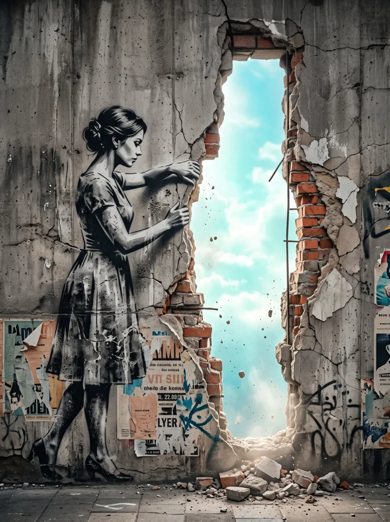 Tableau street art espoir représentant une femme ouvrant une brèche dans un mur de béton pour révéler un ciel bleu lumineux, œuvre contemporaine inspirée du pochoir urbain.