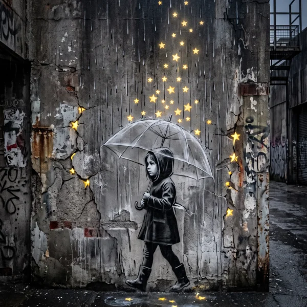 Tableau street art fille pluie représentant une jeune enfant marchant sous un parapluie transparent tandis qu'une pluie d'étoiles illumine un mur urbain fissuré.