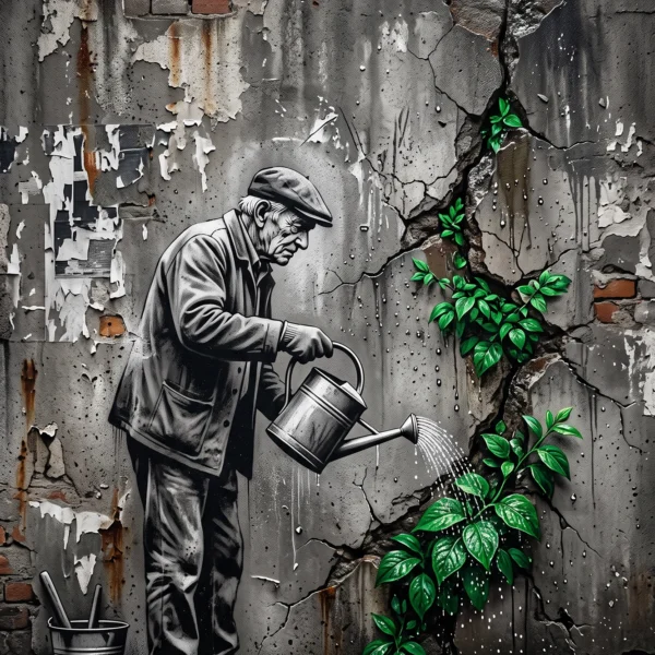 Tableau street art jardinier représentant un vieil homme arrosant une plante verte poussant à travers un mur de béton fissuré, œuvre contemporaine inspirée du pochoir urbain.
