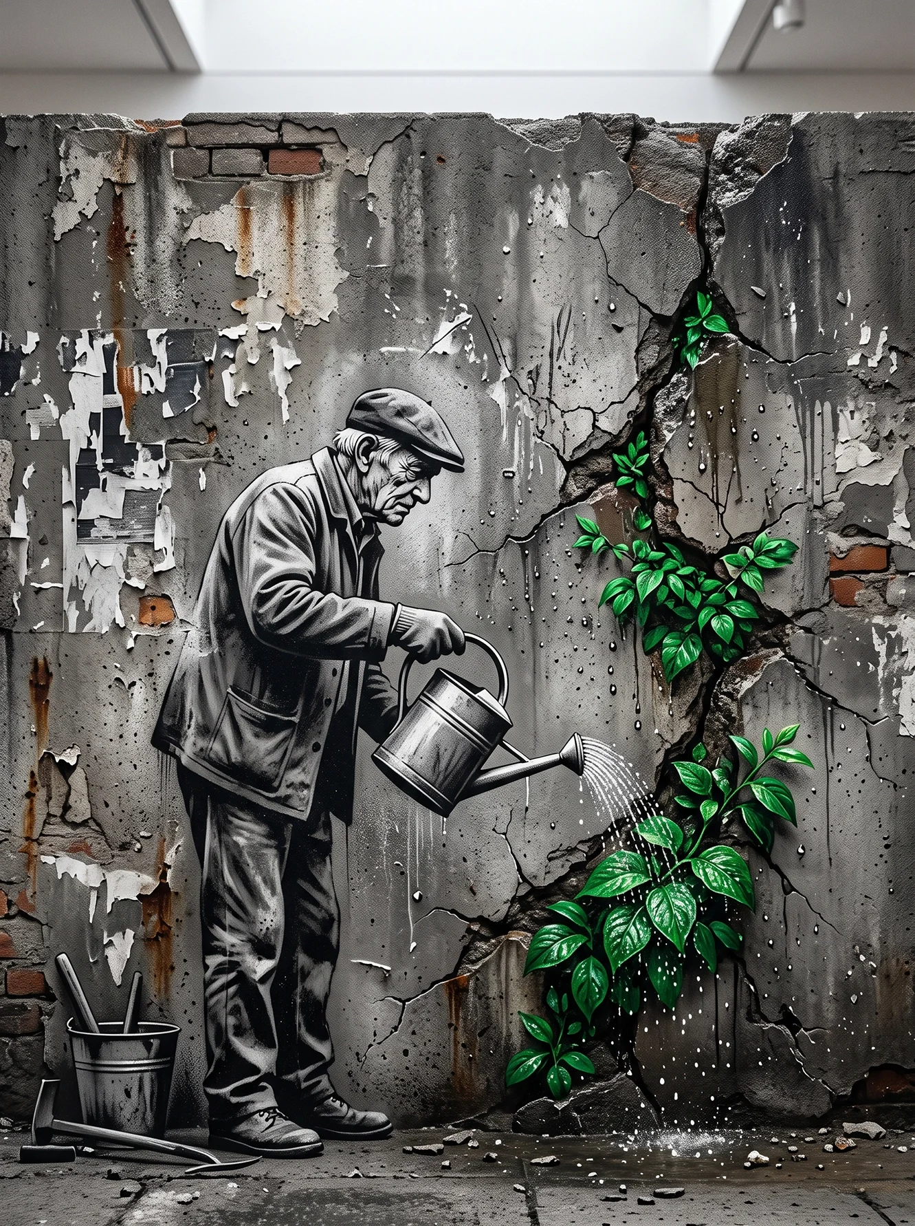 Tableau street art jardinier représentant un vieil homme arrosant une plante verte poussant à travers un mur de béton fissuré, œuvre contemporaine inspirée du pochoir urbain.