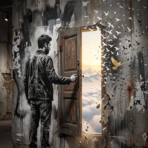 Tableau street art porte représentant un homme ouvrant une porte dans un mur de béton vers un paysage lumineux avec montagnes, nuages et oiseaux, œuvre contemporaine inspirée du pochoir urbain.