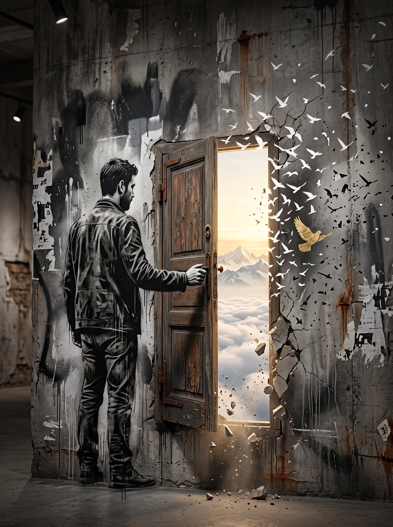 Tableau street art porte représentant un homme ouvrant une porte dans un mur de béton vers un paysage lumineux avec montagnes, nuages et oiseaux, œuvre contemporaine inspirée du pochoir urbain.