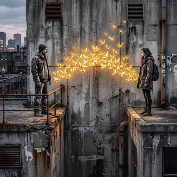 Tableau street art rencontre représentant deux personnes séparées par le vide et reliées par une envolée de grues en origami dorées, œuvre contemporaine inspirée du pochoir urbain.
