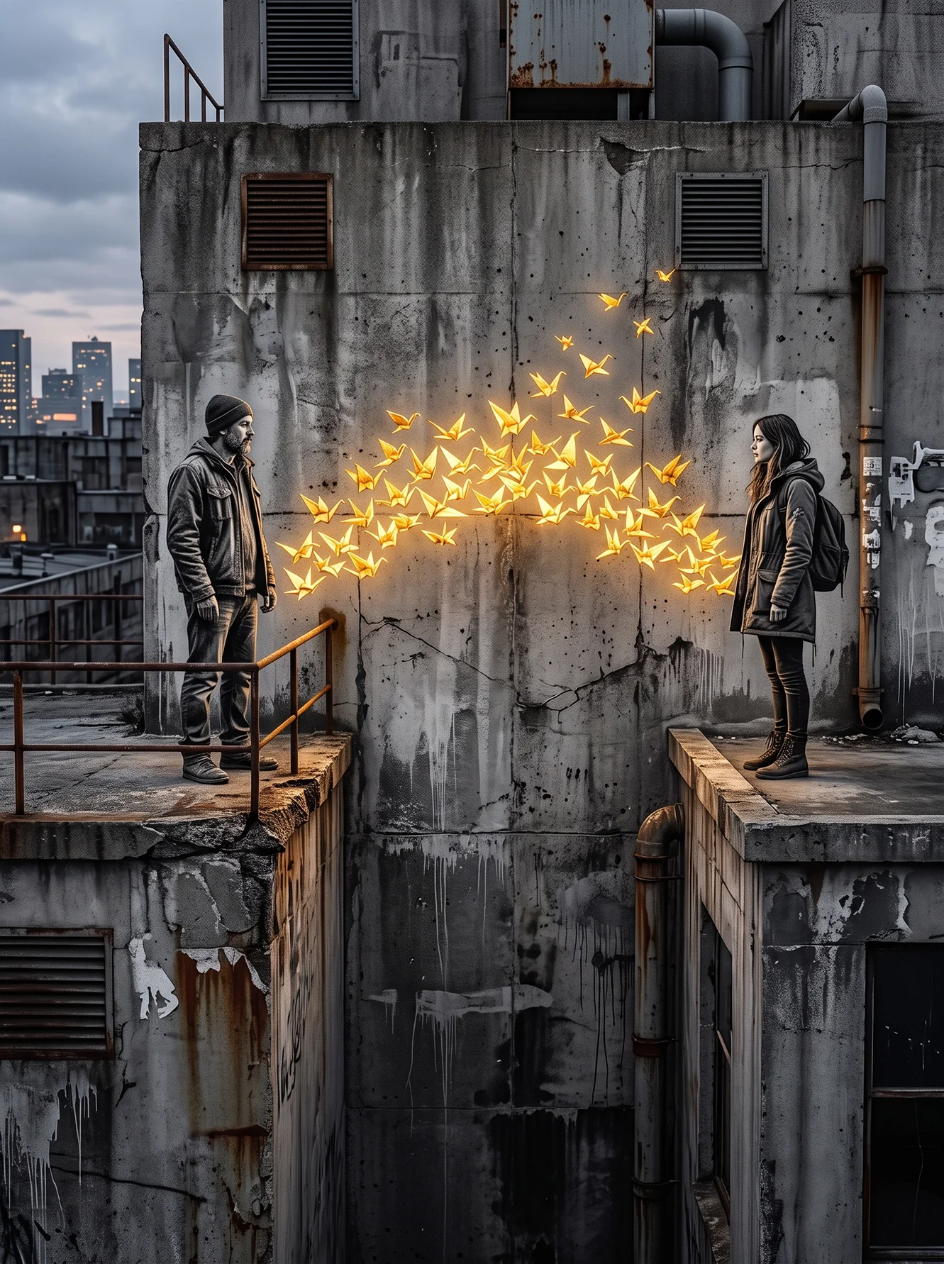 Tableau street art rencontre représentant deux personnes séparées par le vide et reliées par une envolée de grues en origami dorées, œuvre contemporaine inspirée du pochoir urbain.