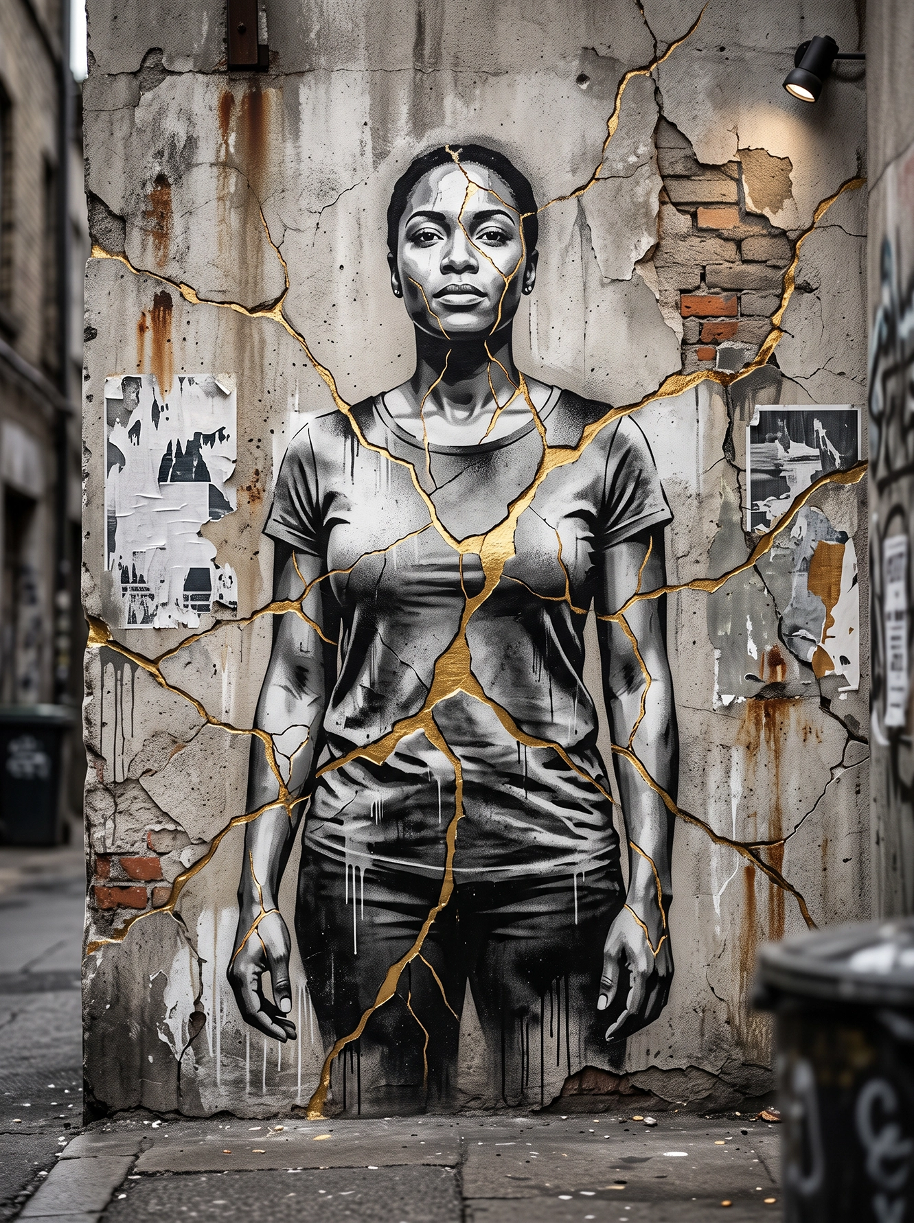 Tableau street art résilience représentant une femme dont le portrait est traversé de fissures dorées inspirées du kintsugi sur un mur de béton, œuvre contemporaine en noir et blanc.