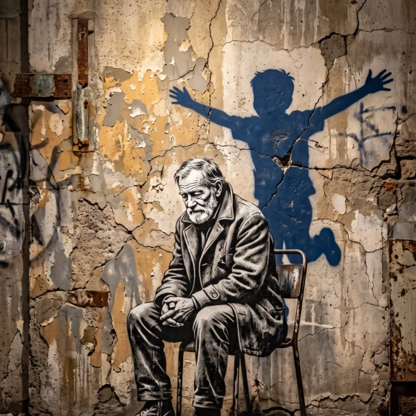 Tableau street art vieillesse représentant un homme âgé assis devant l'ombre d'un enfant les bras ouverts sur un mur urbain fissuré, œuvre contemporaine inspirée du pochoir.