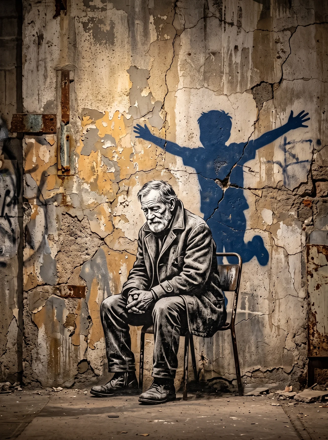 Tableau street art vieillesse représentant un homme âgé assis devant l'ombre d'un enfant les bras ouverts sur un mur urbain fissuré, œuvre contemporaine inspirée du pochoir.