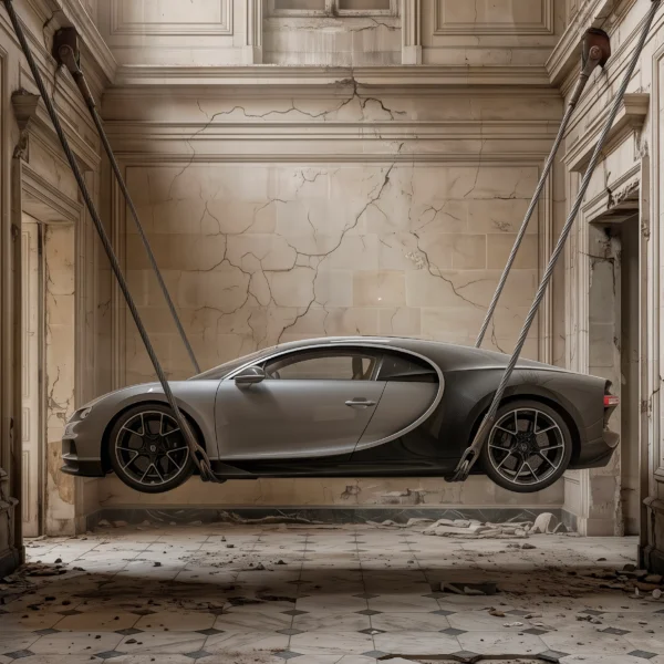 Bugatti Chiron Ruines — Bugatti Chiron suspendue dans un palais en ruines, art mural premium