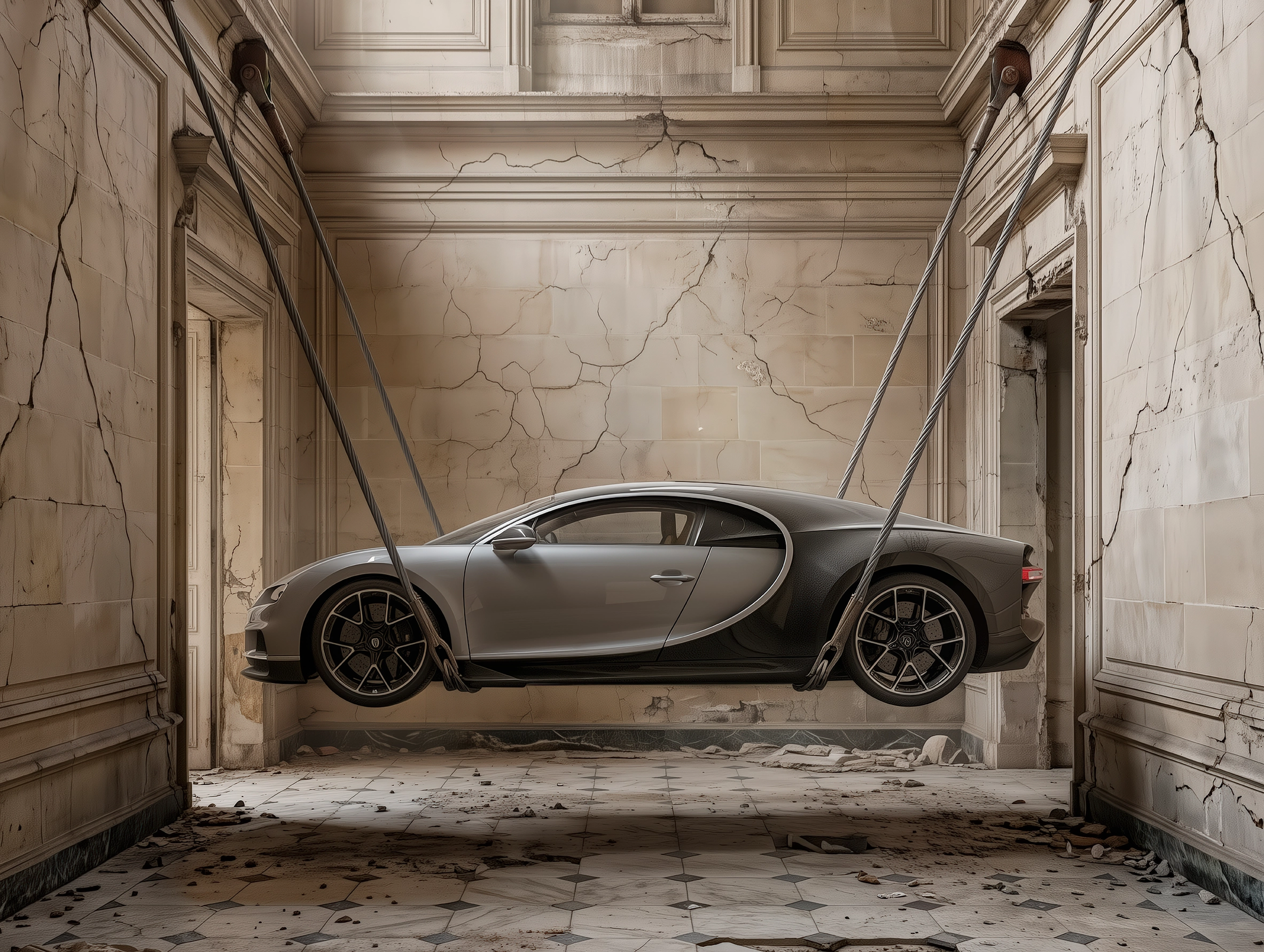 Bugatti Chiron Ruines — Bugatti Chiron suspendue dans un palais en ruines, art mural premium
