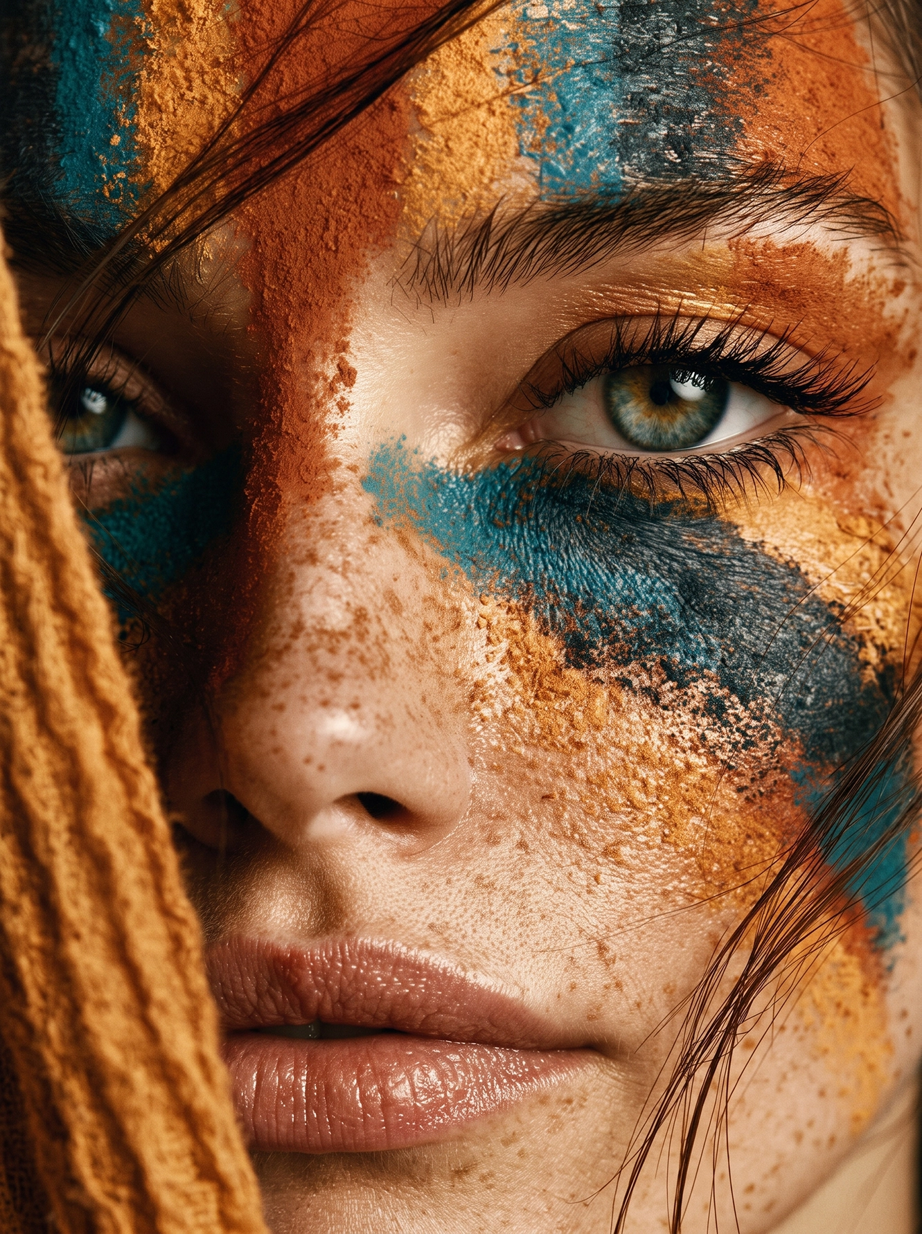 Terre Primitive — portrait gros plan aux pigments naturels et textures minérales, regard intense, art mural premium