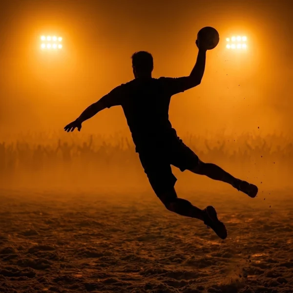 Tir Suspendu — joueur de handball en saut, ballon levé au-dessus de la tête, silhouette, art mural premium