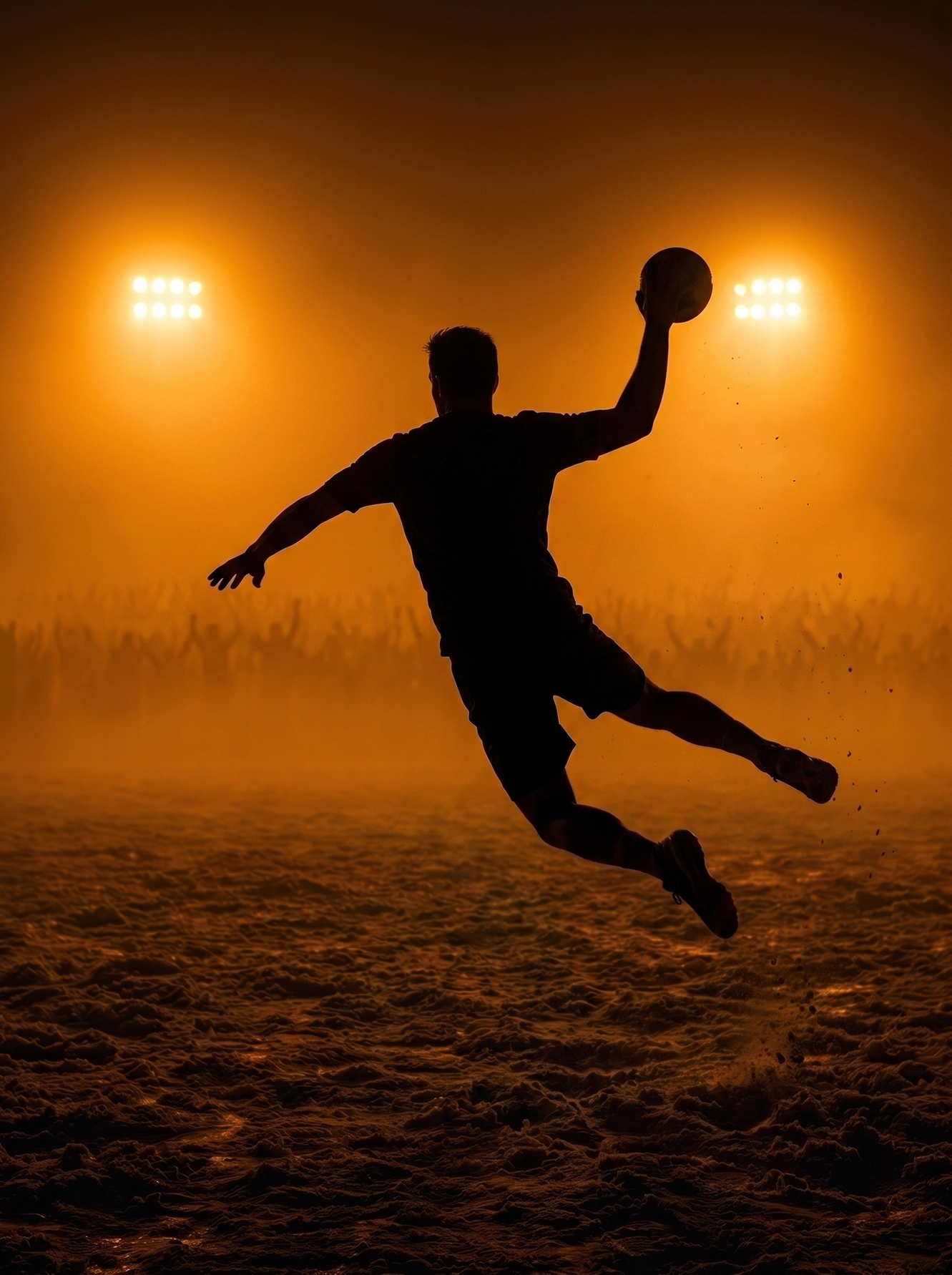 Tir Suspendu — joueur de handball en saut, ballon levé au-dessus de la tête, silhouette, art mural premium