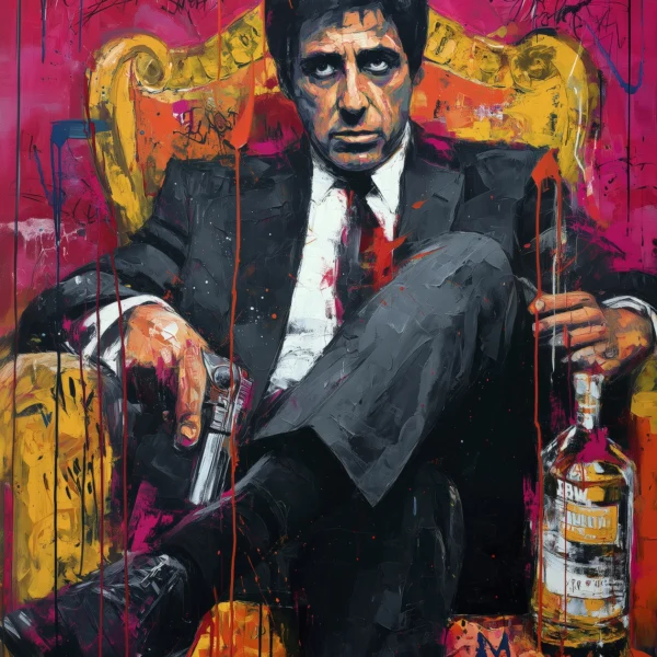 Tony Montana Street Art assis dans son fauteuil emblématique, portrait inspiré de Scarface revisité en peinture contemporaine et art urbain.