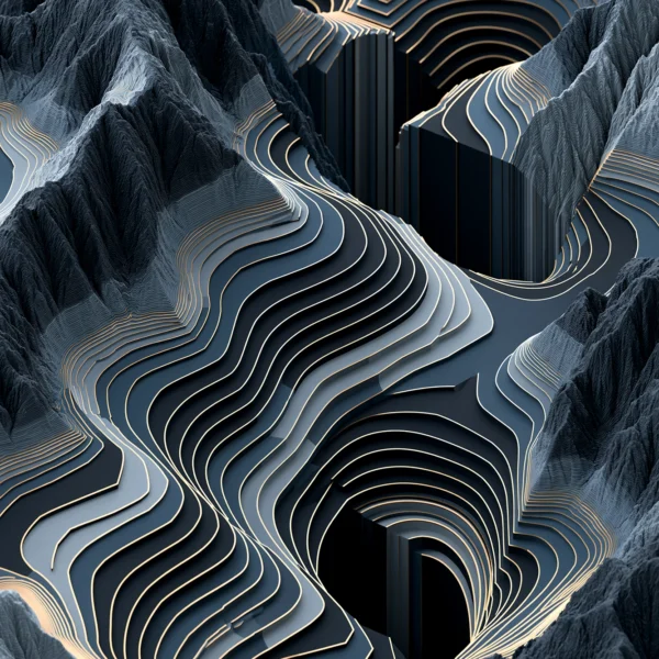 Topographie Infinie — courbes de niveau en paysage numérique doré et bleu acier, art mural premium