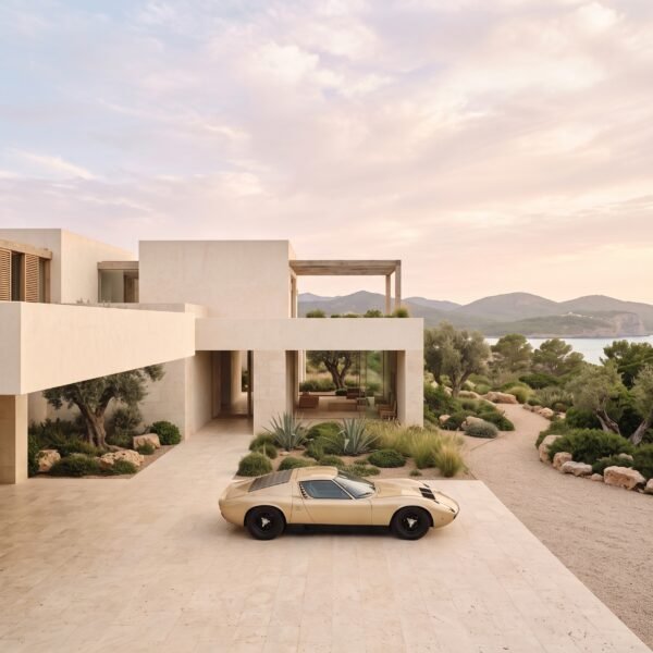 Toro d'Oro — Lamborghini Miura dorée devant une résidence contemporaine méditerranéenne, art mural premium