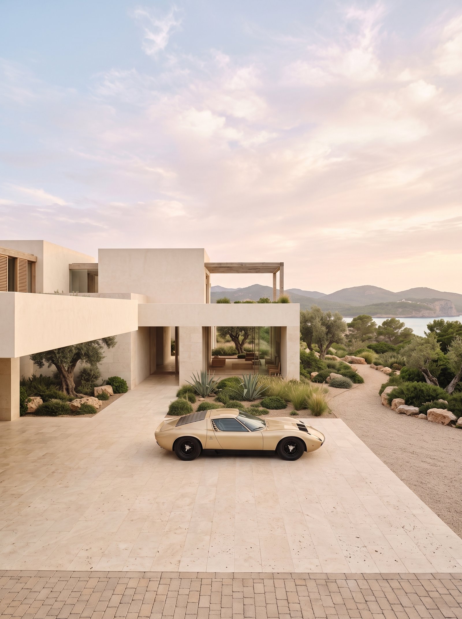 Toro d'Oro — Lamborghini Miura dorée devant une résidence contemporaine méditerranéenne, art mural premium
