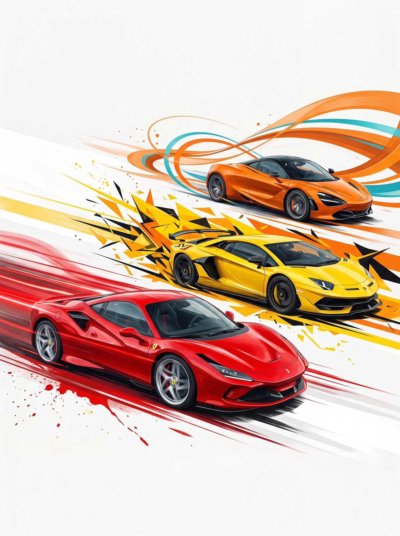 Trilogie de Légendes — Ferrari, Lamborghini et McLaren en composition dynamique, art mural premium