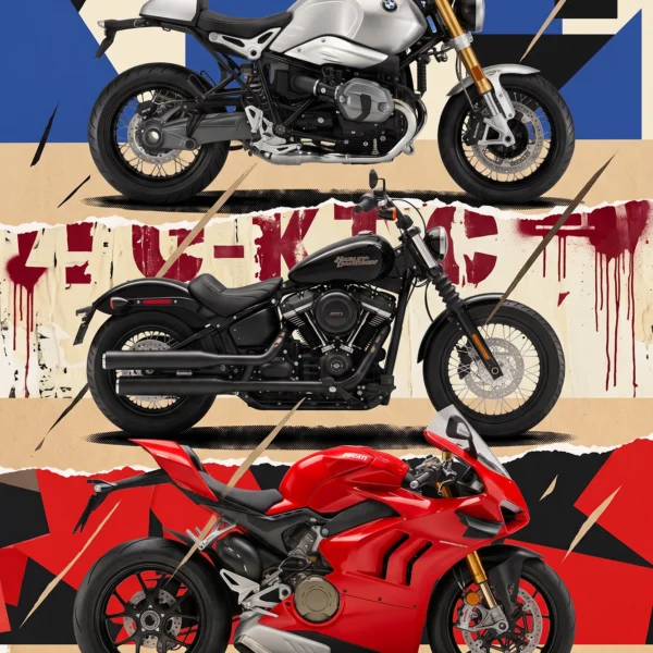 Trilogie Mécanique — trois motos, sportive italienne, custom américaine et roadster néo-rétro, art mural premium