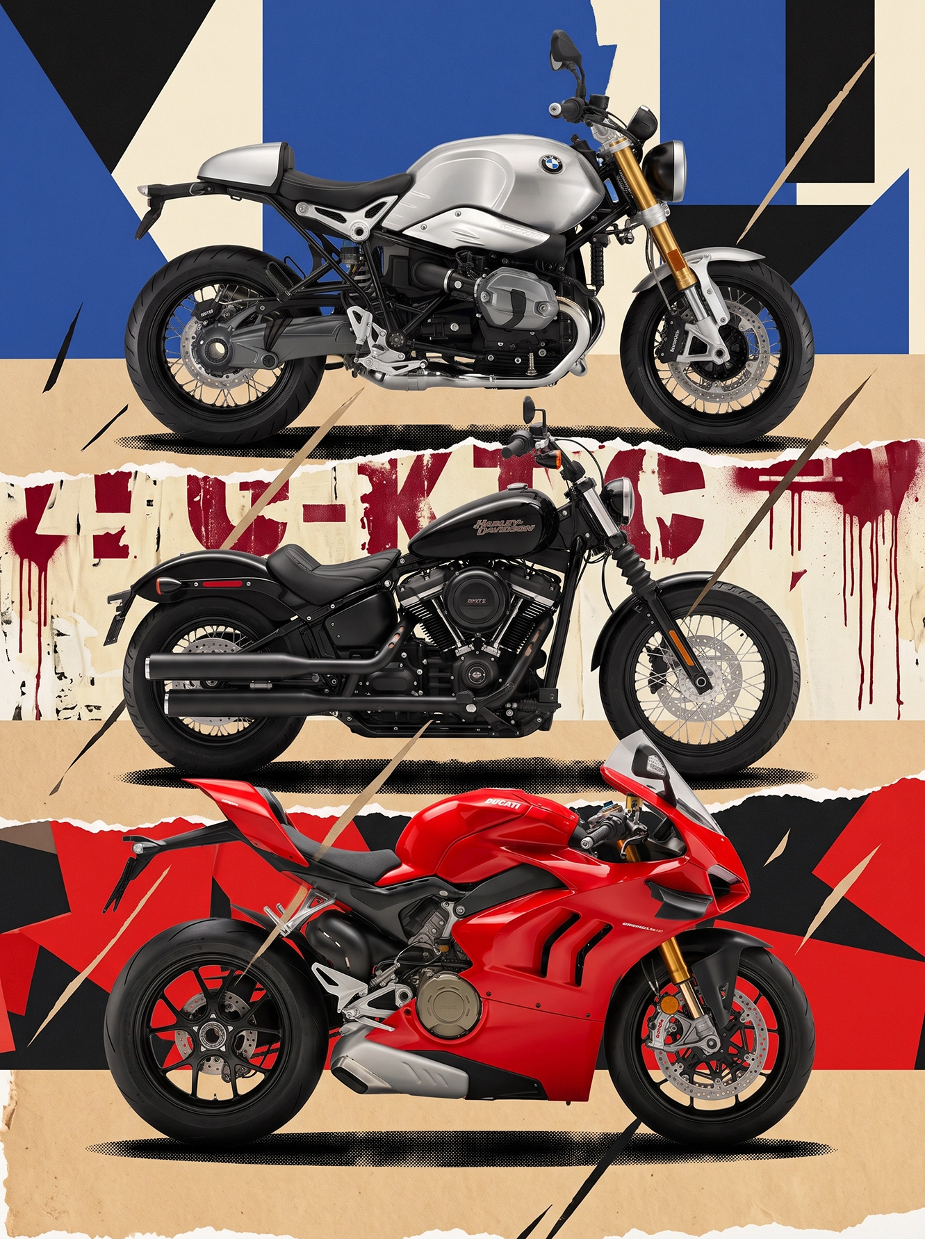Trilogie Mécanique — trois motos, sportive italienne, custom américaine et roadster néo-rétro, art mural premium