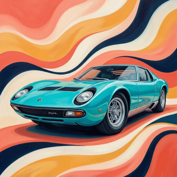 Vagues Vintage — Lamborghini Miura en univers pop rétro années 70, courbes colorées, art mural premium