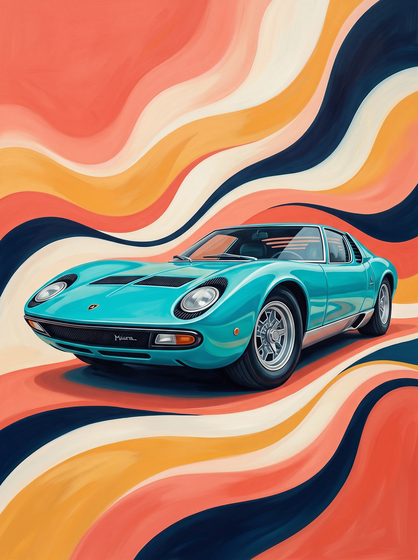 Vagues Vintage — Lamborghini Miura en univers pop rétro années 70, courbes colorées, art mural premium