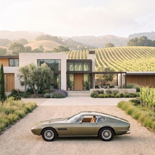 Vigna Italiana — Maserati Ghibli SS devant une villa au cœur des vignobles, art mural premium