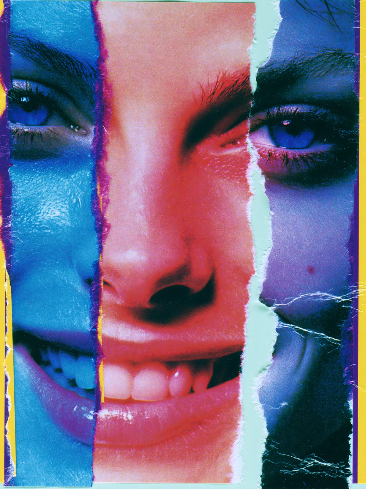 Visages Déchirés — collage vertical de portraits féminins en bleu, rouge, rose et violet, art mural premium