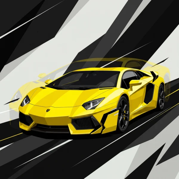 Vitesse Géométrique — Lamborghini Aventador en composition graphique de lignes noires et blanches accélérées, art mural premium