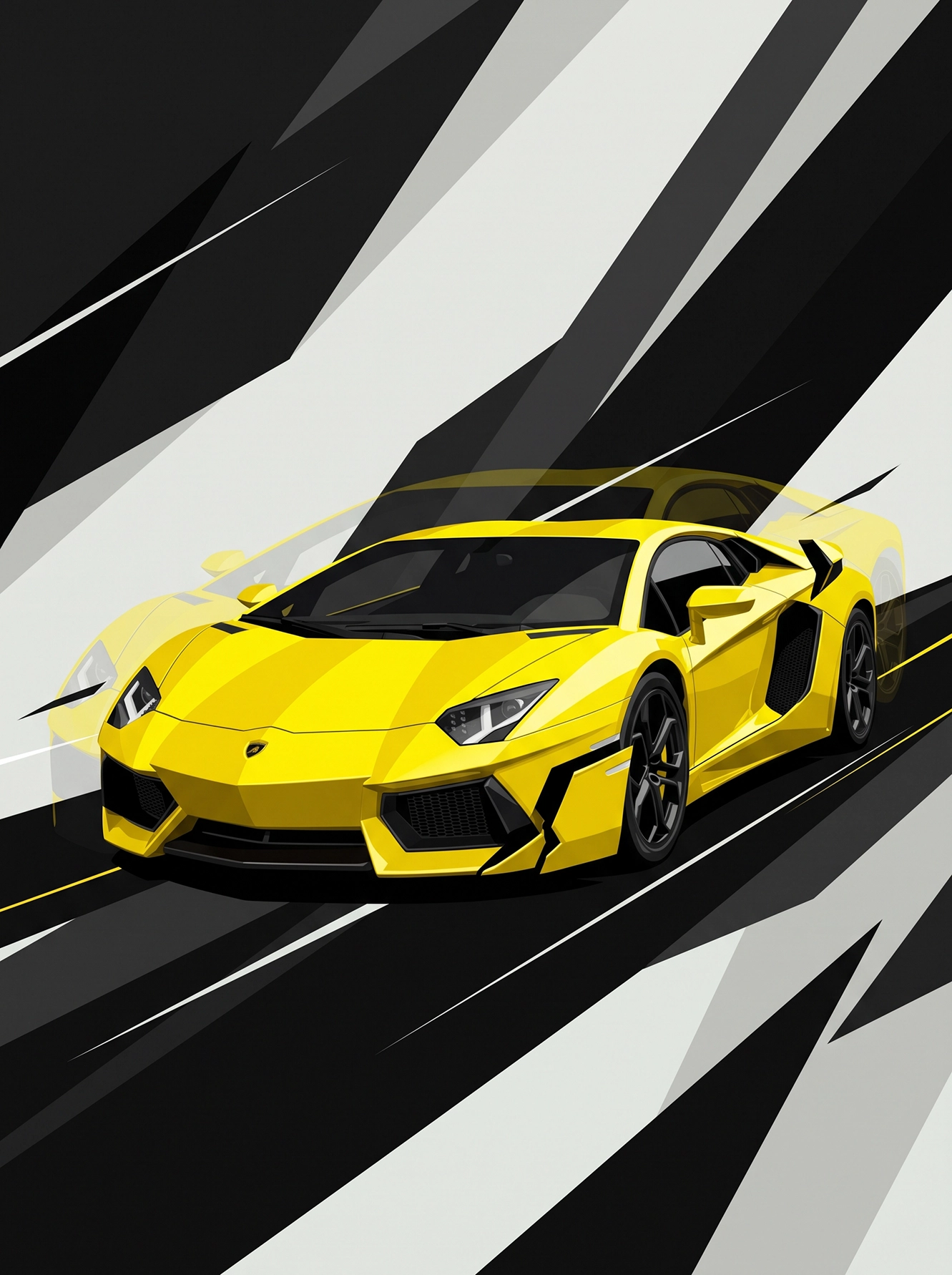 Vitesse Géométrique — Lamborghini Aventador en composition graphique de lignes noires et blanches accélérées, art mural premium