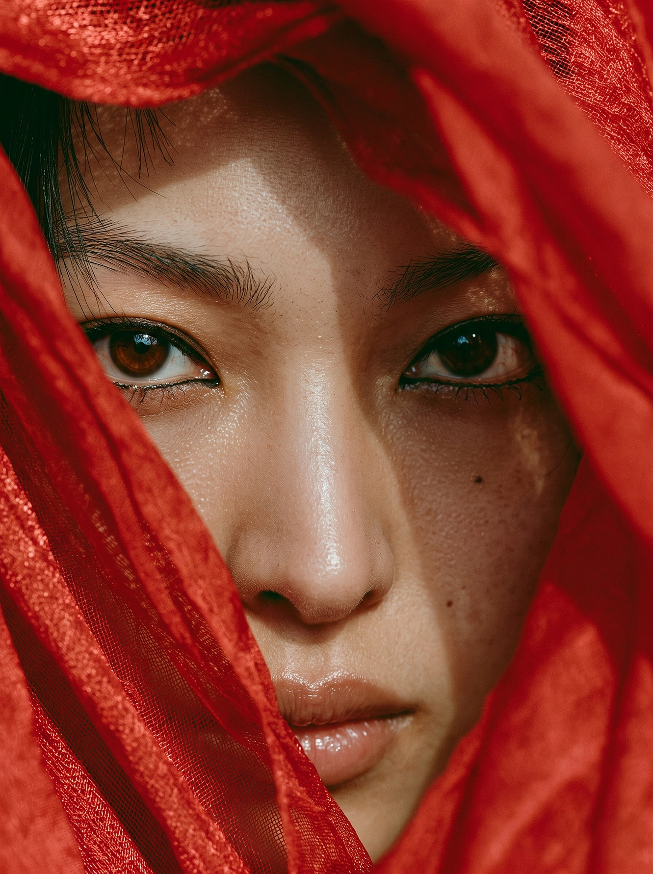 Voile Écarlate — regard intense dissimulé derrière un voile rouge lumineux, collection Regards, art mural premium