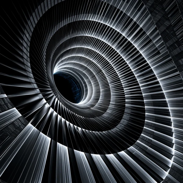 Vortex — spirale monumentale de lames métalliques, art abstrait cinétique, art mural premium