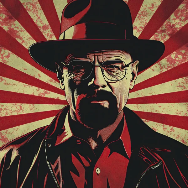 Walter White Street Art inspiré du style Obey avec fond graphique rouge et portrait de Heisenberg.