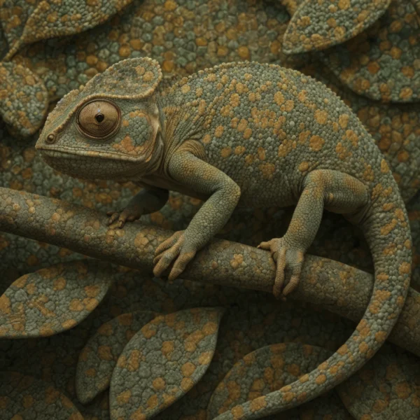Chameleon Moss, caméléon camouflé dans un décor de mousse et de feuillage