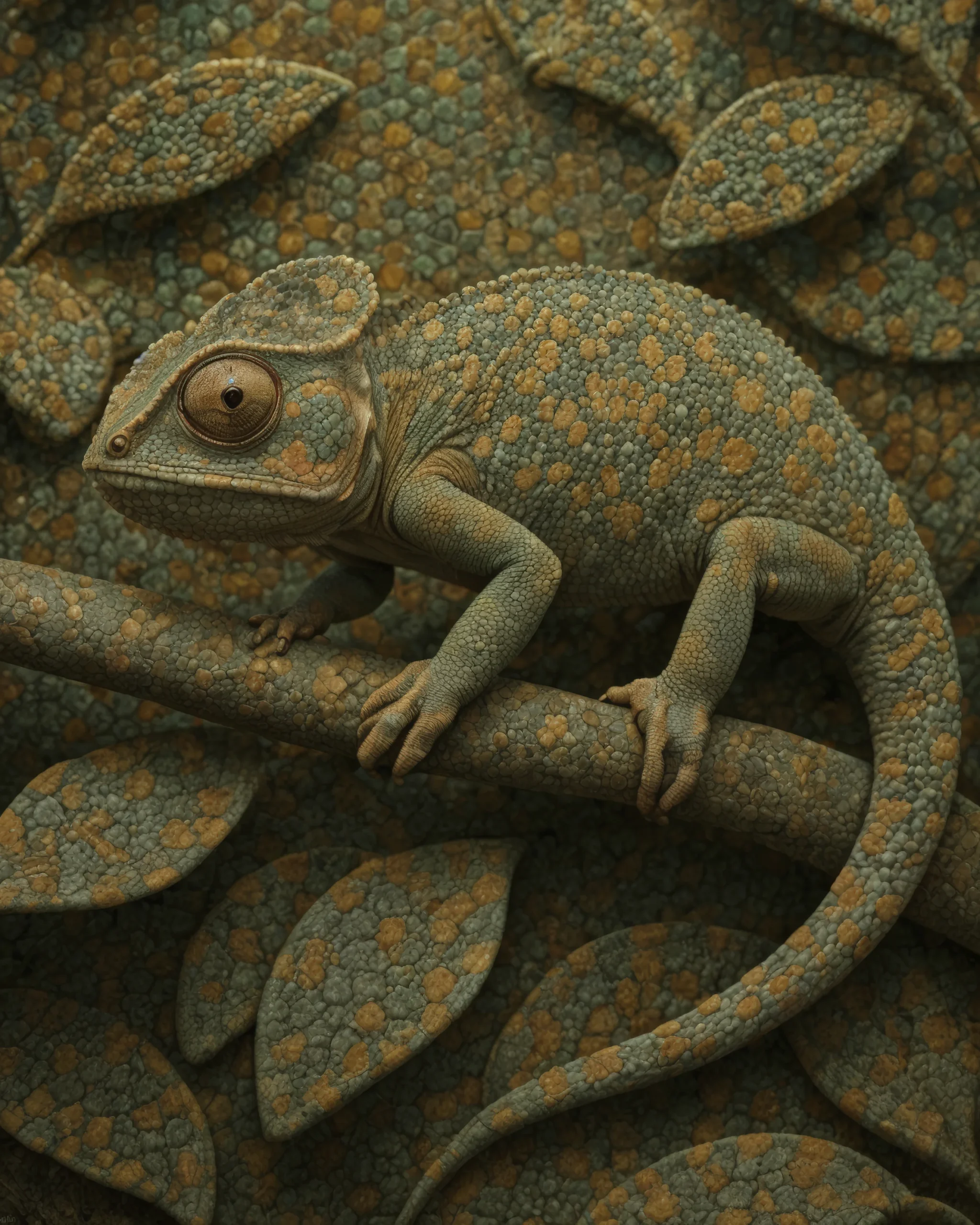 Chameleon Moss, caméléon camouflé dans un décor de mousse et de feuillage