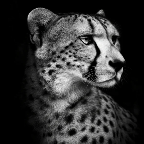 Cheetah Noir, portrait en noir et blanc d’un guépard au regard intense