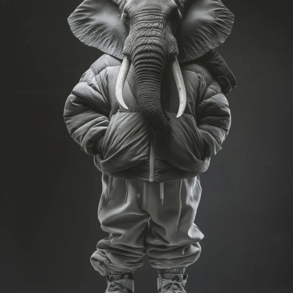 Elephant Grey, éléphant en tenue streetwear grise sur fond sombre