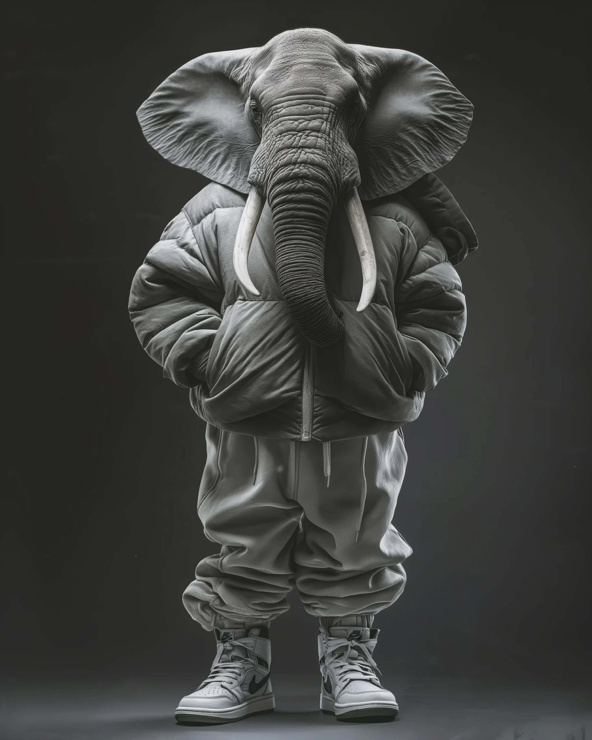 Elephant Grey, éléphant en tenue streetwear grise sur fond sombre