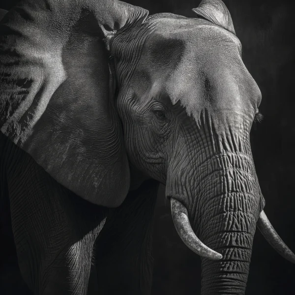 Elephant Obsidian, portrait rapproché d’un éléphant en noir et blanc